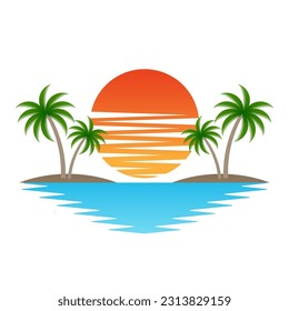 Palm Tree With Sunset at The Beach or Island. Sunset and Palm Tree Logo. Summer Beach Logo. Tropical or Paradise Island in Summer. Vector Illustration. 