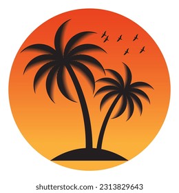 Palm Tree With Sunset at The Beach or Island. Sunset and Palm Tree Logo. Summer Beach Logo. Tropical or Paradise Island in Summer. Vector Illustration. 