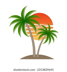 Palmeras con puesta de sol en la playa o en la isla. Logo de Sunset y Palm Tree. Logo de Summer Beach. Isla Tropical o Paraíso en verano. Ilustración vectorial. 