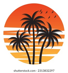 Palmeras con puesta de sol en la playa o en la isla. Logo de Sunset y Palm Tree. Logo de Summer Beach. Isla Tropical o Paraíso en verano. Ilustración vectorial. 