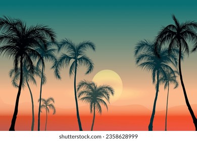 Palm tree sunset composition with outdoor landscape and gradient sky with sun and silhouettes of trees vector illustration