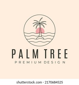 palm tree with sunset icon line art logo vector symbol illustration design