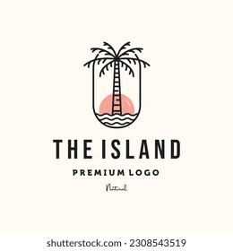 palm tree sunset line art logo vector minimalist illustration design, tropical in the island logo design