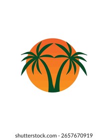 Palmera con el logotipo de la puesta del sol. Logo de Sunset y Palm Tree. Logotipo del verano de la palmera, Ilustración vectorial