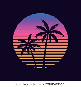 Palm tree and sunset in the moon reflected in the river on a summer night