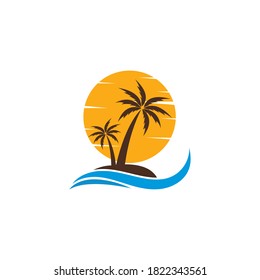 Palm tree with sunset nature icon concept illustration design 