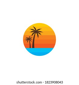 Palm tree with sunset nature icon concept illustration design 