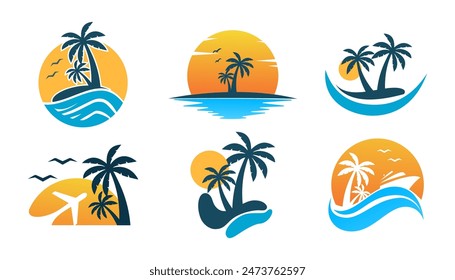 Palm tree and sunset are on the beach logo vector. Sun sea paradise illustration