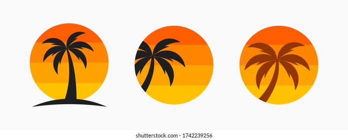Palm tree and sunset sun symbols. Vector illustration.