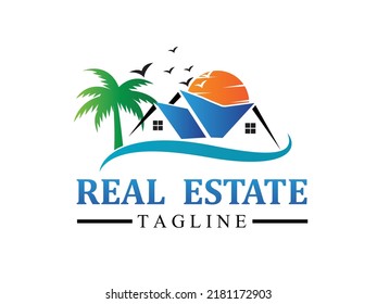 Símbolo de palmera y puesta de sol Diseño del logotipo inmobiliario.
