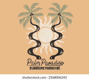 Palm tree with sunshine artwork. Paradise life abstract artwork. Abstract palm tree art . Summer good vibes vector graphic design for apparel, stickers, posters, background and others.