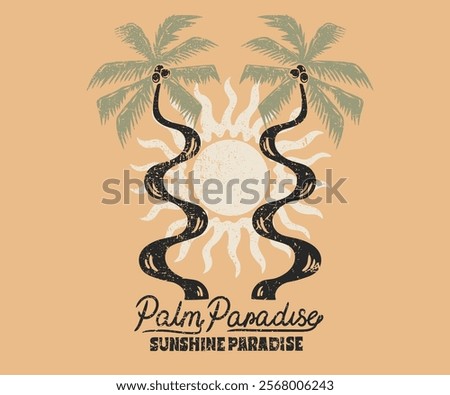 Palm tree with sunshine artwork. Paradise life abstract artwork. Abstract palm tree art . Summer good vibes vector graphic design for apparel, stickers, posters, background and others.
