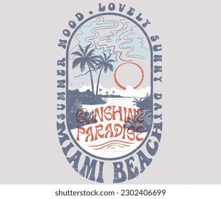  Palm tree with sunshine colorful retro print artwork. Lovely miami beach graphic print design for t shirt print, poster, sticker, background and other uses. Summer vibes.