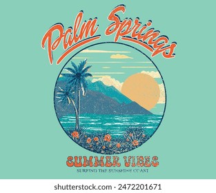 Palm tree with sunshine colorful retro print artwork. Tropical flower graphic print design for t shirt print, poster, sticker, background and other.  Summer vibes. Palm springs. Beach Mountain art.