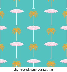 Palm tree and sunshine umbrella pattern repeat retro mid century illustrations inspired by Palm Springs summer. Turquoise blue, pink and orange vector illustration. Fun and cute summer surface design.