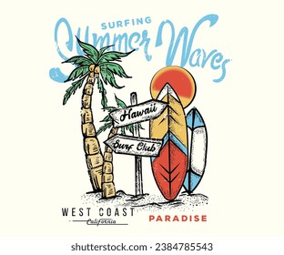 palm tree and surf board under the sun is beach vibes at tee shirt print, Summer Waves text with a waves illustration, for t-shirt prints, posters. Summer Beach Vector illustration.