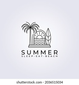 palm tree and surf on ocean logo vector line art badge illustration design graphic