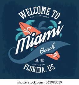 Palm tree and surfboard as american miami florida sign for surfer. T-shirt print and clothing branding. Sea and ocean, water swimming and travel advertising, west tourism theme.