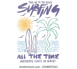 Palm tree with surfboard art. Sunshine paradise artwork. Abstract wave artwork. Happiness comes in wave. Summer good vibes vector graphic design for apparel, stickers, posters, background and others.