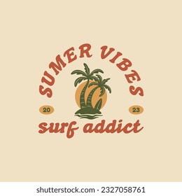 Palm tree with surfboard design template for surf club, surf shop, surf merch. Summer vibes illustration. 