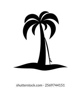 Palm tree and surfboard icon. Black silhouette. Front side view. Vector simple flat graphic illustration. Isolated object on white background. Isolate.