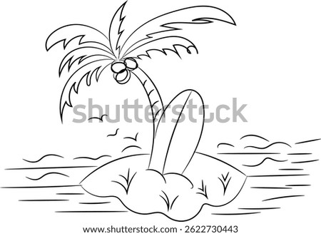 Palm tree, surfboard, island, ocean waves, minimalist line art.