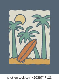 Palm tree and surfboard on summer vibes for t shirt badge sticker illustration