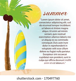 a palm tree with a surfboard with some text