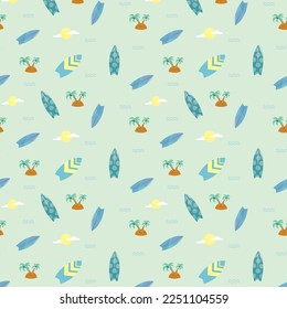 Patrón de palmeras, tablas de surf y niños soleados. Ilustración dibujada a mano por vectores. Textura infantil creativa para tela, envoltura, textil, papel pintado, ropa, etc.