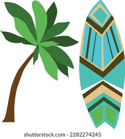 Palm tree and surfboard. Vector, flat style