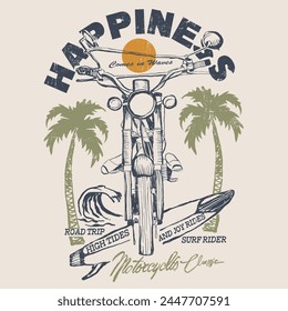 Palm tree and surfboard with Vintage motorcycles under the sun, summer vintage beach print, beach slogan text typography , funny tropical summer t- shirt design