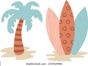 Palm tree, surfboards and sand, summer vector illustrations
