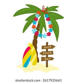 Palm tree with surfboards and wooden direction sign illustration. Vector summer board vacation travel frame, exotic palm tree, flower garland. Tropical ocean copy space wood billboard, surfboards.