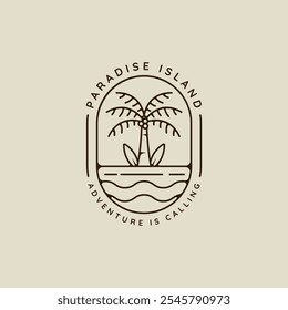 palm tree and surfing beach logo line art simple minimalist vector illustration template icon design. paradise island and coconut tree sign or symbol for travel company with badge typography