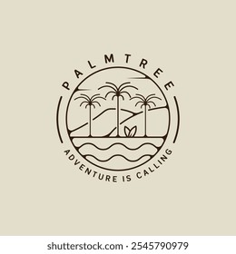 palmeira e surf praia logotipo linha arte simples vetor minimalista ilustração modelo ícone design. ilha do paraíso e coqueiro com tipografia de emblema círculo