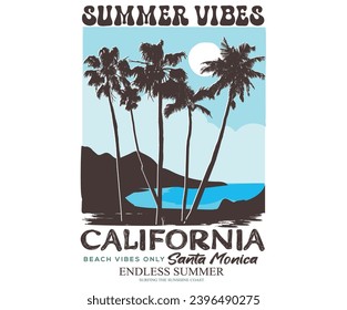 Palm tree with surfing board. Surfing club graphic print design for t shirt. Summer vibes graphic design for t shirt print, poster, sticker, background and other uses. California, Santa monica.