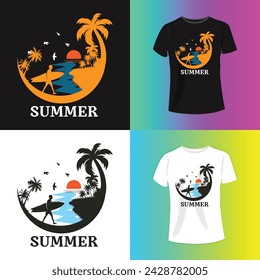 Palm tree with surfing board. Surfing club graphic print design for t shirt. Beach sketch graphic print design for t shirt