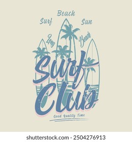 Palme mit Surfbrett. Surfclub Grafikdruck-Design für T-Shirt. Strandskizze grafisches Druckdesign für T-Shirt-Druck, Poster, Aufkleber, Hintergrund und andere Verwendungen. 