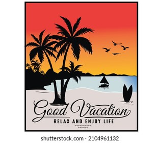 Palm tree with surfing board graphic print design for t shirt print, poster, sticker, background and other uses.