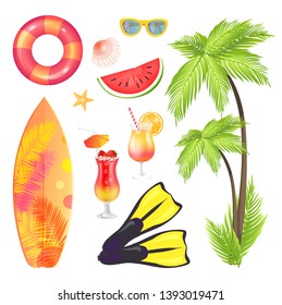 Palm tree and surfing board isolated icons set vector. Flippers part of swimming suit, cool beverage with straw and umbrella. Sunglasses and lifebuoy