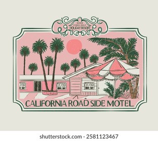 Palm tree with swimming pool colorful retro print artwork. America vintage resort artwork. Palm springs watercolor graphic print design for t shirt print, poster, sticker, background and other uses.