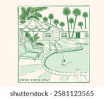 Palm tree with swimming pool print artwork. Palm springs watercolor graphic print design for t shirt print, poster, sticker, background and other uses. America vintage resort artwork.