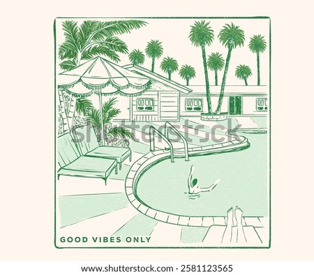 Palm tree with swimming pool print artwork. Palm springs watercolor graphic print design for t shirt print, poster, sticker, background and other uses. America vintage resort artwork.
