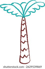 A palm tree with a tall trunk and wide leaves drawn in crayon style. The illustration depicts a tropical tree with textured foliage and a patterned trunk. Cartoon vector illustration.