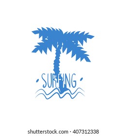 Palm Tree With Text Blue Silhouette Stylized Design Vector Print On White Background