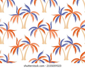 Palm tree trendy seamless pattern vector design. Tropical island plants fabric ornament. Coconut palm tree wallpaper in caribbean style. Floral hawaii rapport. Fashion fabric print.