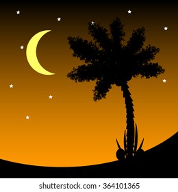 Palm tree at tropic night Vector illustration.
