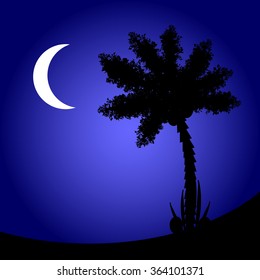 Palm tree at tropic night Vector illustration.