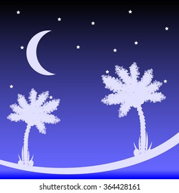 Palm tree at tropic night. Vector illustration.