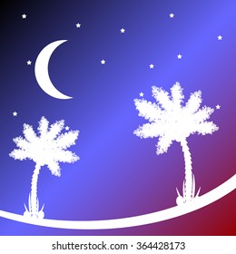 Palm tree at tropic night. Vector illustration.